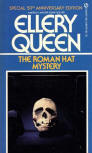 The Roman Hat Mystery - kaft Signet. In 1979, bracht Signet deze Special 50th Anniversary Edition uit. Signet 451-E8470 is de derde druk van hun 1967 paperback. To the confusion of booksellers and collectors everywhere, they failed to update the third printing date on the copyright page.  Dit keer met het, in 1979, verward klinkende “1929, 50th Anniversary Edition, 1967”