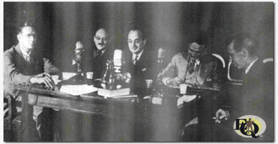 "Ellery Queen meets the critics". Howard Haycraft, Ellery Queen (Frederic Dannay and Manfred B. Lee), Basil Davenport, and Granville Hicks.
