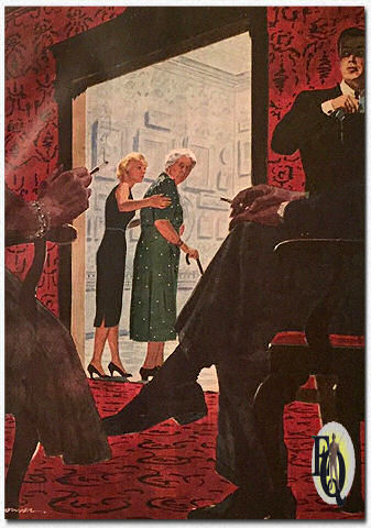 "Er was geen liefde verloren tussen mevrouw Livingston en haar drie stiefkinderen. Maar moord? - dat was toch iets anders. Althans, dat zeiden ze toch." Detail van illustratie voor het eerste deel van "The Wrightsville Heirs" zoals gepubliceerd in "Better Living", jan 1956.