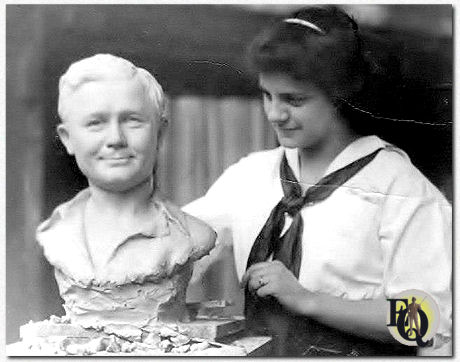 Young Ellen Evelyn James posing with the bust she made of Wade Boteler (Picture courtesy Patti Boteler)