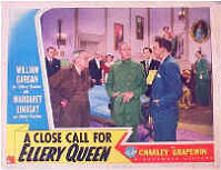 A Close Call for Ellery Queen - lobbycard (1942), Ellery along with his father at the murder victim's house interrogating the suspects (including the chauffer, the butler, the maid, and the distraught wife). 