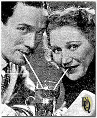 Tete a tete: Carleton Young en Dorothy Lowell krijgen het met elkaar aan de stok bij een verkoelend drankje. Carleton speelt de jongen uit de stad die Dorothy het hof maakt in "Our Gal Sunday" (1937)