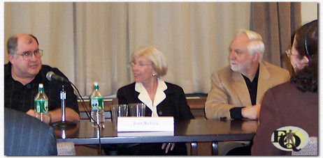 Other members of the panel, next to Mike Barr, (L to R) Joan Richter and Otto Penzler, with Sarah Caldwell watching. Photo courtesy of Kurt Sercu
