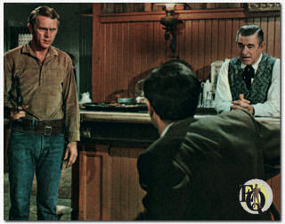 Steve McQueen (L) in a scene with Ted (R) as barkeeper in "Nevada Smith" (Paramount, Jun 10. 1966).