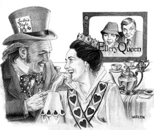 The Mad Hatter's Riddle van de hand van Dale C. Andrews Met een tekening door Laurie Harden (gebruikt met toestemming EQMM)