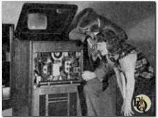 One of the receivers on display. "Miss Television 1938" looks on with interest.