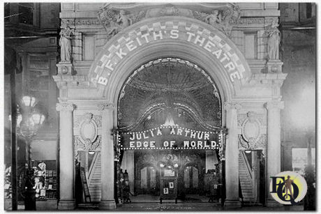 The entrance of B. F. Keith's (New) Theatre in Philadelphia in 1917, owned by the renowned B.F. Keith circuit.