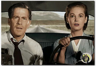 Dr. Russell Marvin (Hugh Marlowe) and his wife Carol Marvin (Joan Taylor) both scientists experimenting with rockets to probe the upper atmosphere for future space flight in "Earth vs Flying Saucers" (1956).