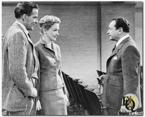 Hugh Marlowe, Nina Foch, Edward G. Robinson in "Illegal" (1955) waarin Marlowe gestalte geeft aan een jonge ambitieuze advocaat.