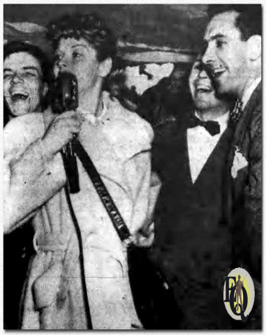 hat was a homecoming! George Warren, left, now co-director with Mrs. Warren of Community Players, is shown with Lucille Ball and Rex Marshall at a party held in Jamestown in 1946 a homecoming for Lucy. Rex Marshall, like Lucille Ball, at one time also a member of the Jamestown Player's group which was directed by George and Harriet Warren.