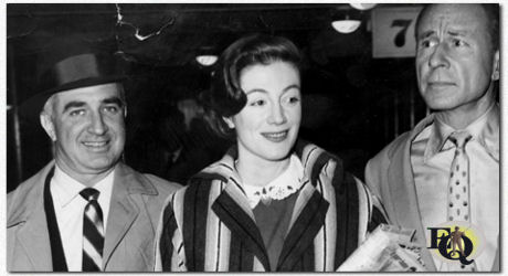 Lady Sarah Churchill,  actress daughter of former British Prime Minister Sir Winston Churchill. She is pictured at London Airport with producer Albert McCleery and Russel Birdwell, her Public Relations Officer.