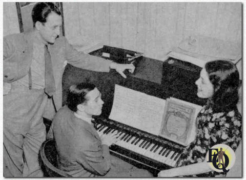 Lyn Murray (at piano), up-and-coming orchestra leader and choral director, rehearses Baritone Barry Wood and Nan Wynn, "Mistress of Song." Wood, Murray and Miss Wynn co-star in CBS' Sunday evening "Musical Gazette" ("Radio Guide", April 1938) 