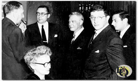 (L-R) William Walton, Lyn Murray, (an unknown man), Bernard Herrmann, Andre Previn, and Helen Deutsch, seated. (Undated, ca 1946).