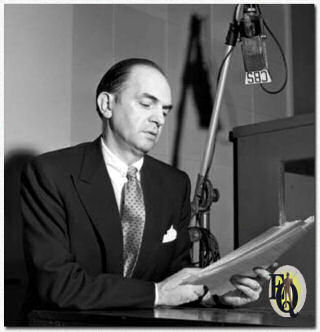 Zicht binnenin de radiostudio tijdens een uitvoering van City Hospital op CBS radio (1951-1958). Santos Ortega.