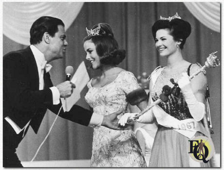 Deborah Bryant, Miss America 1966 and Jane Anne Jayroe, Miss America 1967 are shown together, just before the newly crowned winner begins her walk down the runway (Sep 10. 1966).