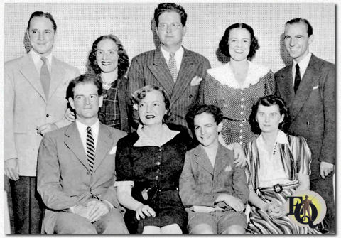 The Cast of "My Son and I" (CBS) (L to R) seated: Alan Hewitt, Betty Garde, Kingsley Colton, Agnes Young. The story of widowed Connie Vance (Betty Garde) and her young son, Buddy Watson (Kingsley Colton), who have been alone in the world since the death of Connie's husband and vaudeville partner, this serial has traced the struggle of mother and son in their everyday battle to make a home and a living. ("Movie Radio Guide", Sep 1940)