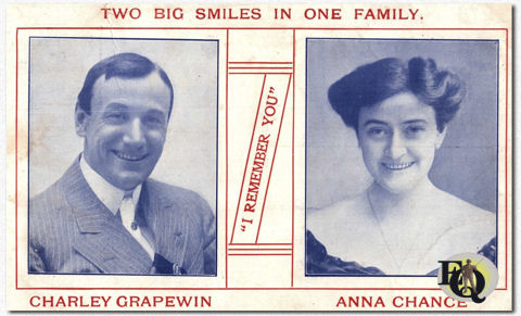 The front of the vintage postcard features vaudeville partners and spouses Charley Grapewin and Anna Chance, capturing their famous cheerful expressions under the sentimental banner of "I Remember You." (around 1906)