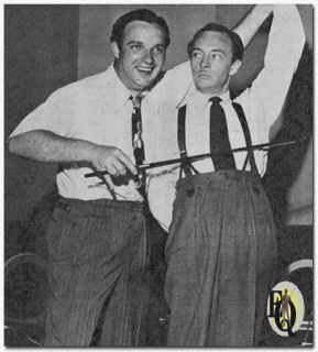 In Chicago Les starred with Bob Crosby on the "Old Gold Show" (1943) before serving in the military service. Seen here clownning behind the scenes, Tremayne is the fiddle.