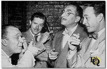 Casey, Crime Photographer (Staats Cotsworth) gets some other radio detectives to post for him. (L-R) Nick Carter (Lon Clark), Jeffrey Barnes (Bernard Lenrow) and Pat Abbott (Les Tremayne).