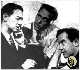 Fred Stewart, Hal K. Dawson and Broderick Crawford the principal players of Danger Men Working, a new murder mystery opening at the Broad tomorrow, engage in deep discussion. 