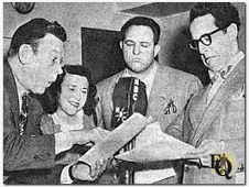 Fred Allen (L) with three of the Alley demimonde (L to R) Minerva Pious, Alan Reed and Kenny Delmar.