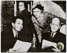 In January, 1939, Kellogg promoted "Howie Wing" by arranging the first dramatic broadcast in radio history made from an airplane, Howie Wing, a Saga of Aviation. (Jan 20, 1939) (L to R) Bill Janney (“Howie”), sound effects man Alexander Binnie, Helen Jacobson was the stewardess and actor Robert Strauss on an unspecified United Airlines airplane,  January 20, 1939.