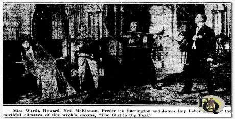 Miss Warda Howard, Neil McKinnon, Frederick Harrington and James Guy Usher in one of the mirthful climaxes of this week's success, "The Girl in the Taxi".